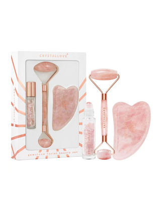 Gesichtsroller + Gua Sha Teller + Roll-on-Flasche Rosenquarz-Beauty-Set Crystallove - 1