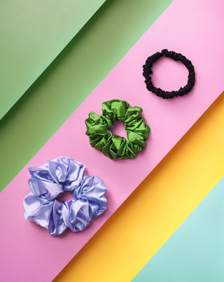 Set Haargummis Twisty aus 100% Naturseide - violett, grün, schwarz 3 Stück - 5