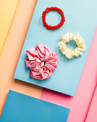 Set Haargummis Twisty aus 100% Naturseide - rosa, creme, rot 3 Stück. - 6