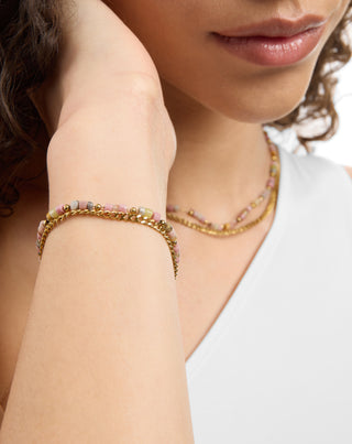 Vergoldete Halskette mit Natursteinen rosa und Zitronenjade Mys-2 - 3