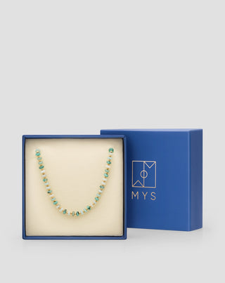Vergoldete Brillenkette mit afrikanischem Türkis und Amazonit Mys