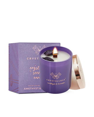 Sojakerze mit Amethyst und Lavendel im Glasbehälter, Crystallove - 1