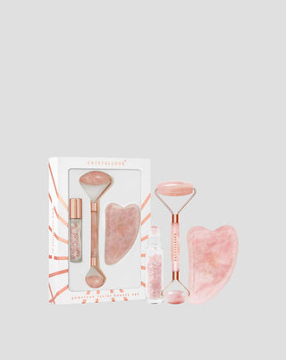 Gesichtsroller + Gua Sha Teller + Roll-on-Flasche Rosenquarz-Beauty-Set Crystallove - 1