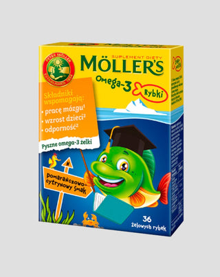 Nahrungsergänzungsmittel mit Omega-3-Fettsäuren Fisch mit Orangen-Zitronengeschmack Moller's 36 Gelees