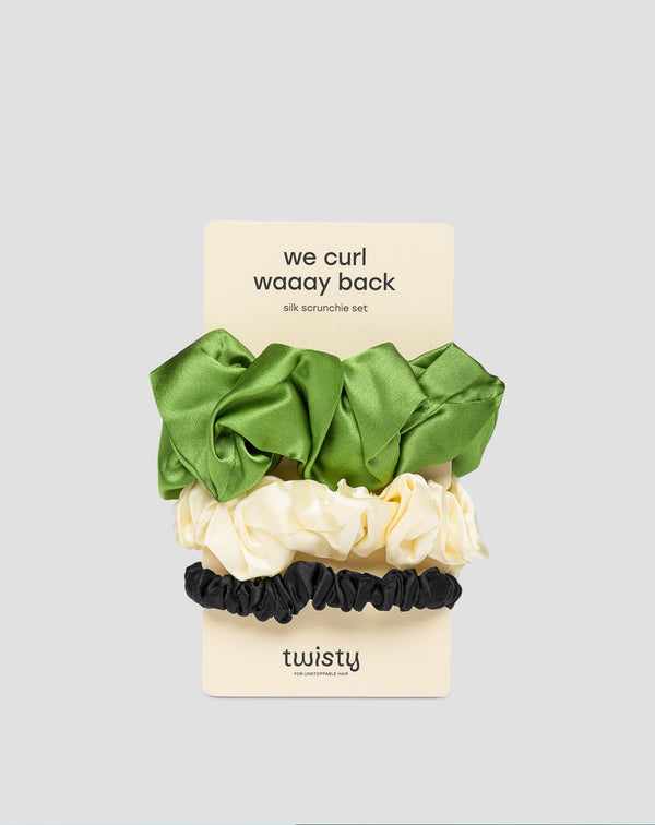 Set Haargummis Twisty aus 100% Naturseide - grün, creme, schwarz  3 Stück.