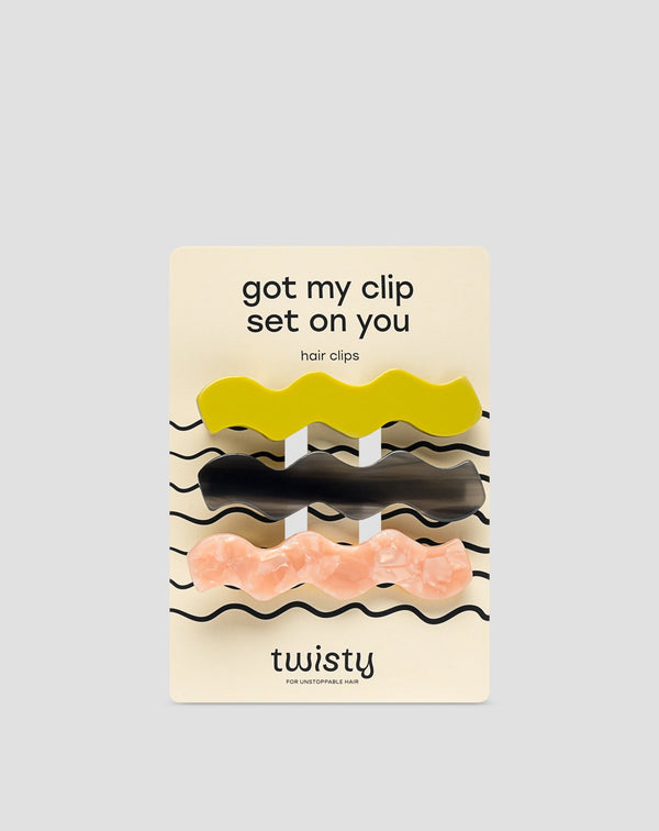 Set gewellter Haarspangen - grün, schwarz, rosa Twisty 3 Stück