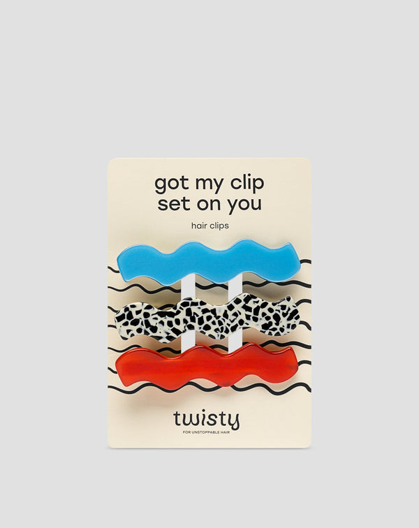 Set gewellte Haarspangen - marmoriert, blau, rot Twisty 3 Stück